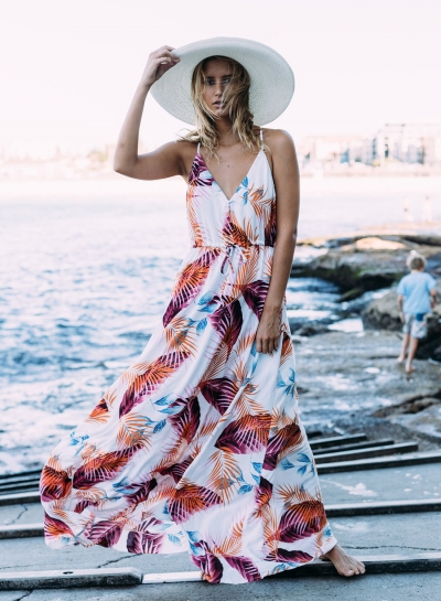 Women's Bohemian Spaghetti Strap Leaves Print Maxi Dress YOUYOUFASHIONEC.com