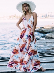 Women's Bohemian Spaghetti Strap Leaves Print Maxi Dress