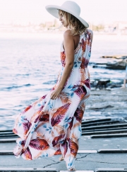 Women's Bohemian Spaghetti Strap Leaves Print Maxi Dress