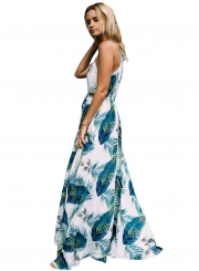 Women's Bohemian Spaghetti Strap Leaves Print Maxi Dress