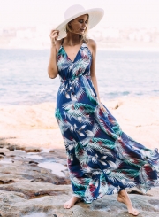 Women's Bohemian Spaghetti Strap Leaves Print Maxi Dress