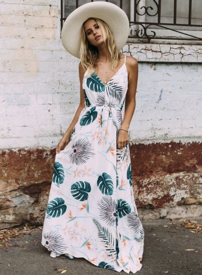 Women's Bohemian Spaghetti Strap Leaves Print Maxi Dress YOUYOUFASHIONEC.com