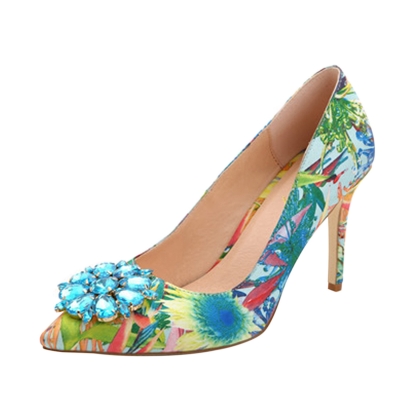 Women's High Heels Rhinestone Pointed Toe Floral Pumps YOUYOUFASHIONEC.com