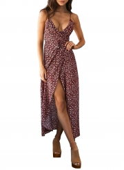 Deep V Neck Floral Printed High Split Maxi Dress