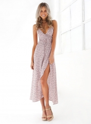 Deep V Neck Floral Printed High Split Maxi Dress