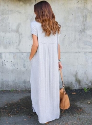 V Neck Short Sleeve Loose Fit Side Slit Maxi Dress