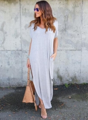 V Neck Short Sleeve Loose Fit Side Slit Maxi Dress