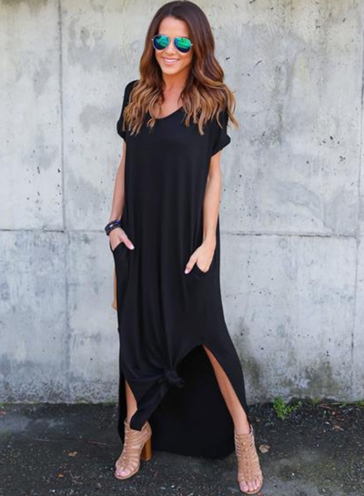 V Neck Short Sleeve Loose Fit Side Slit Maxi Dress YOUYOUFASHIONEC.com