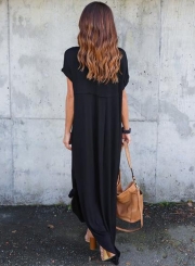 V Neck Short Sleeve Loose Fit Side Slit Maxi Dress