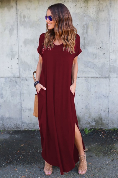 V Neck Short Sleeve Loose Fit Side Slit Maxi Dress YOUYOUFASHIONEC.com