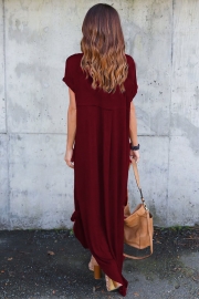 V Neck Short Sleeve Loose Fit Side Slit Maxi Dress