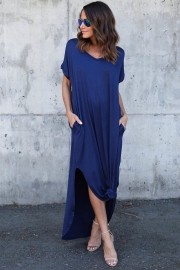 V Neck Short Sleeve Loose Fit Side Slit Maxi Dress