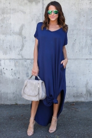 V Neck Short Sleeve Loose Fit Side Slit Maxi Dress