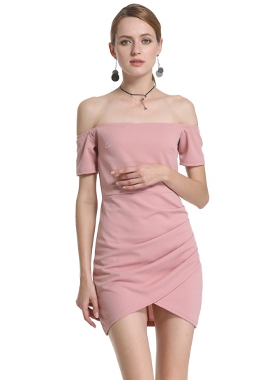 Women's Fashion off Shoulder Short Sleeve Irregular Bodycon Solid Dress STYLESIMO.com