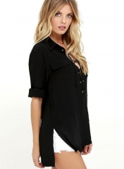 Women's Solid V Neck Lace-up Side Slit Blouse