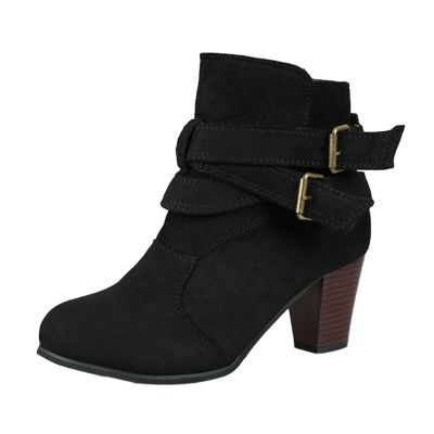 Women's Solid Round Toe Block Heels Buckle Strap Boots LEXELFASHIONINTSHOPS.com