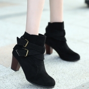 Women's Solid Round Toe Block Heels Buckle Strap Boots