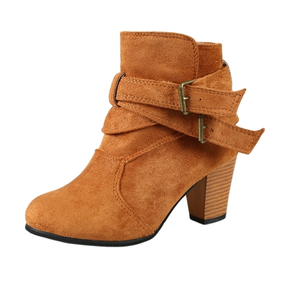 Women's Solid Round Toe Block Heels Buckle Strap Boots YOUYOUFASHIONEC.com