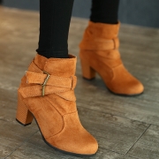 Women's Solid Round Toe Block Heels Buckle Strap Boots