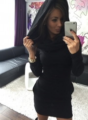 Women's Fashion Long Sleeve Bodycon Mini hooded Dress with Pocket