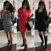 Women's Fashion Long Sleeve Bodycon Mini hooded Dress with Pocket