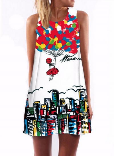 Women's Sleeveless Digital Printing Loose FIt Mini Dress LZDINTECOMMERCE.com