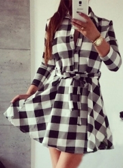 Women's Fashion Long Sleeve Plaid Shirt Dress with Belt