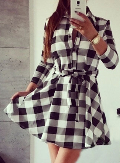 Women's Fashion Long Sleeve Plaid Shirt Dress with Belt LEXELFASHIONINTSHOPS.com