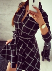 Women's Fashion Long Sleeve Plaid Shirt Dress with Belt