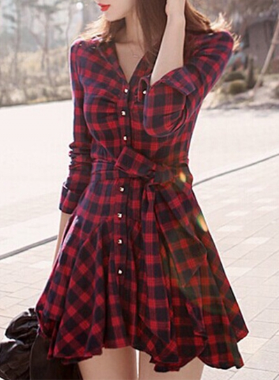 Women's Fashion Long Sleeve Plaid Shirt Dress with Belt LZDINTECOMMERCE.com