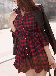 Women's Fashion Long Sleeve Plaid Shirt Dress with Belt