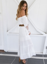 Women's Slash Neck Off Shoulder Lace Flare Sleeve Maxi Dress