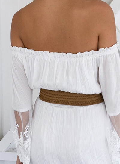 Women's Slash Neck Off Shoulder Lace Flare Sleeve Maxi Dress stylesimo.com