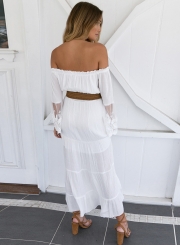 Women's Slash Neck Off Shoulder Lace Flare Sleeve Maxi Dress