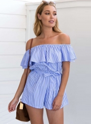 Women's Strapless Flounce Hem Striped Shorts Set Rompers