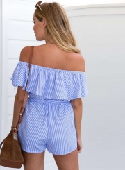 Women's Strapless Flounce Hem Striped Shorts Set Rompers