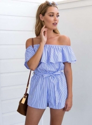 Women's Strapless Flounce Hem Striped Shorts Set Rompers