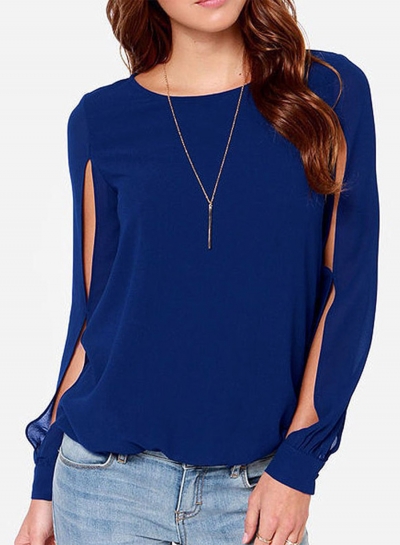 Women's Fashion Solid Slit Long Sleeve Pullover Blouse YOUYOUFASHIONEC.com