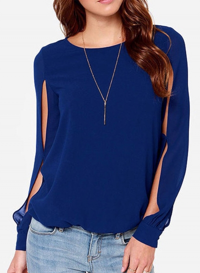 Women's Fashion Solid Slit Long Sleeve Pullover Blouse STYLESIMO.com