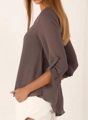 Women's Fashion V Neck Long Sleeve Solid Irregular Blouse