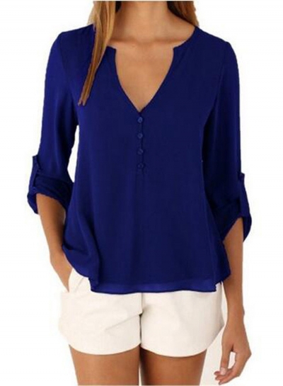 Women's Fashion V Neck Long Sleeve Solid Irregular Blouse LZDINTECOMMERCE.com