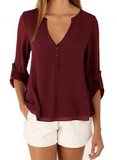 Women's Fashion V Neck Long Sleeve Solid Irregular Blouse LZDINTECOMMERCE.com