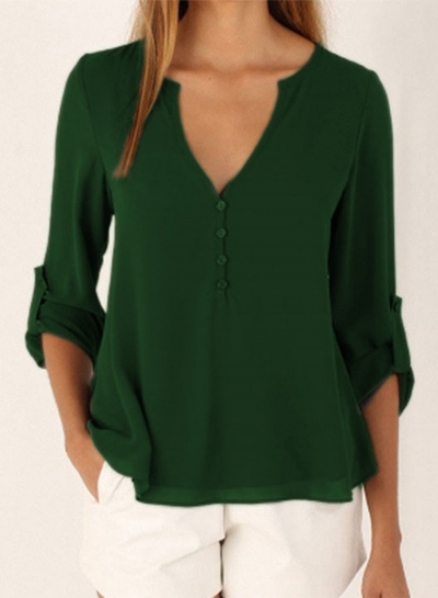 Women's Fashion V Neck Long Sleeve Solid Irregular Blouse YOUYOUFASHIONEC.com