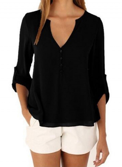 Women's Fashion V Neck Long Sleeve Solid Irregular Blouse YOUYOUFASHIONEC.com