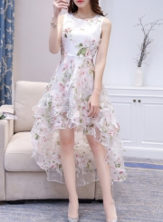Women's Fashion Round Neck Sleeveless Floral Print High Low Dress