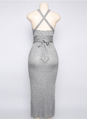 Women's Fashion off Shoulder Backless Slit Bodycon Knit Dress