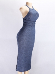 Women's Fashion off Shoulder Backless Slit Bodycon Knit Dress