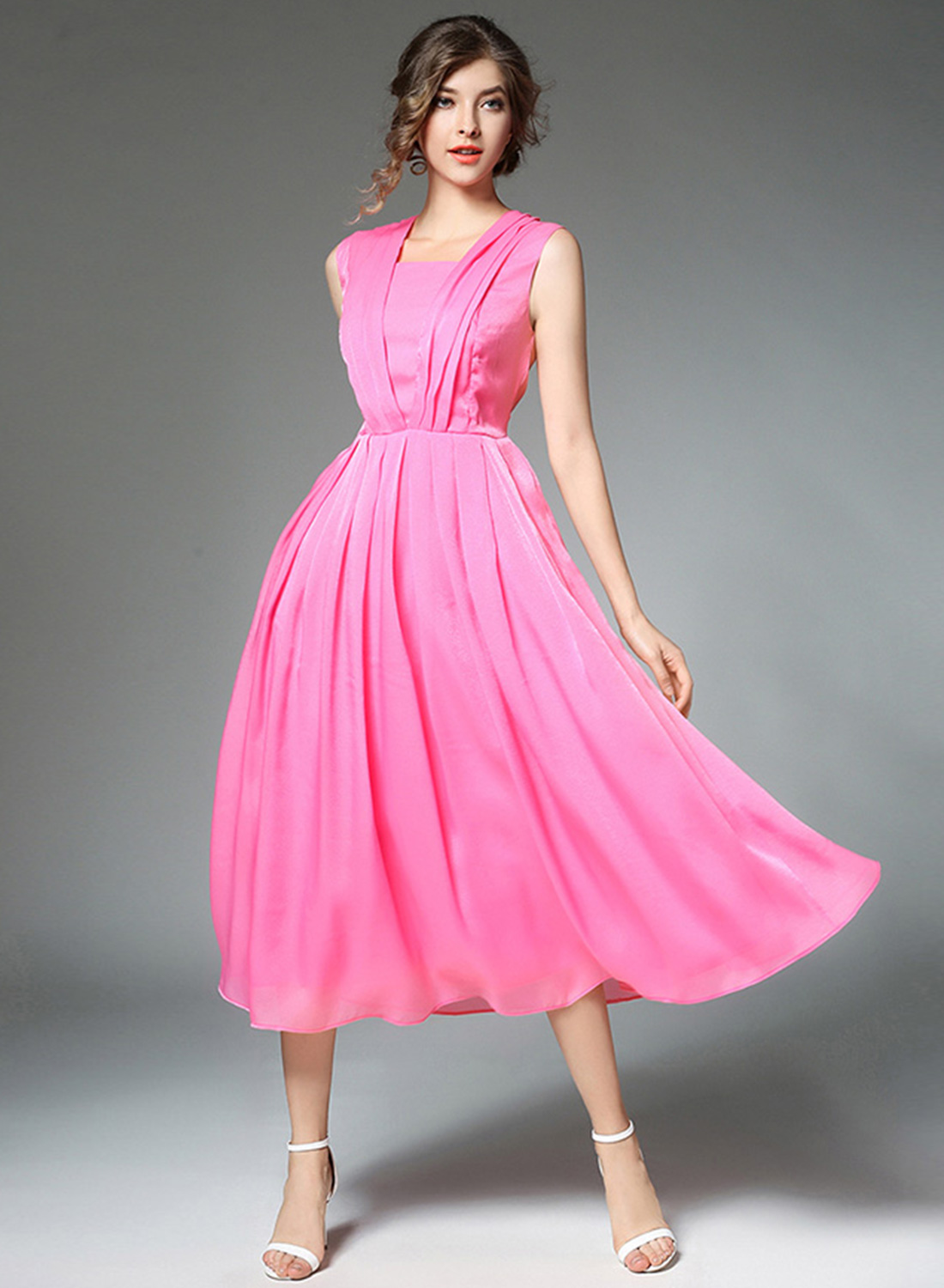 Womens Solid Evening Pleated Chiffon Dress