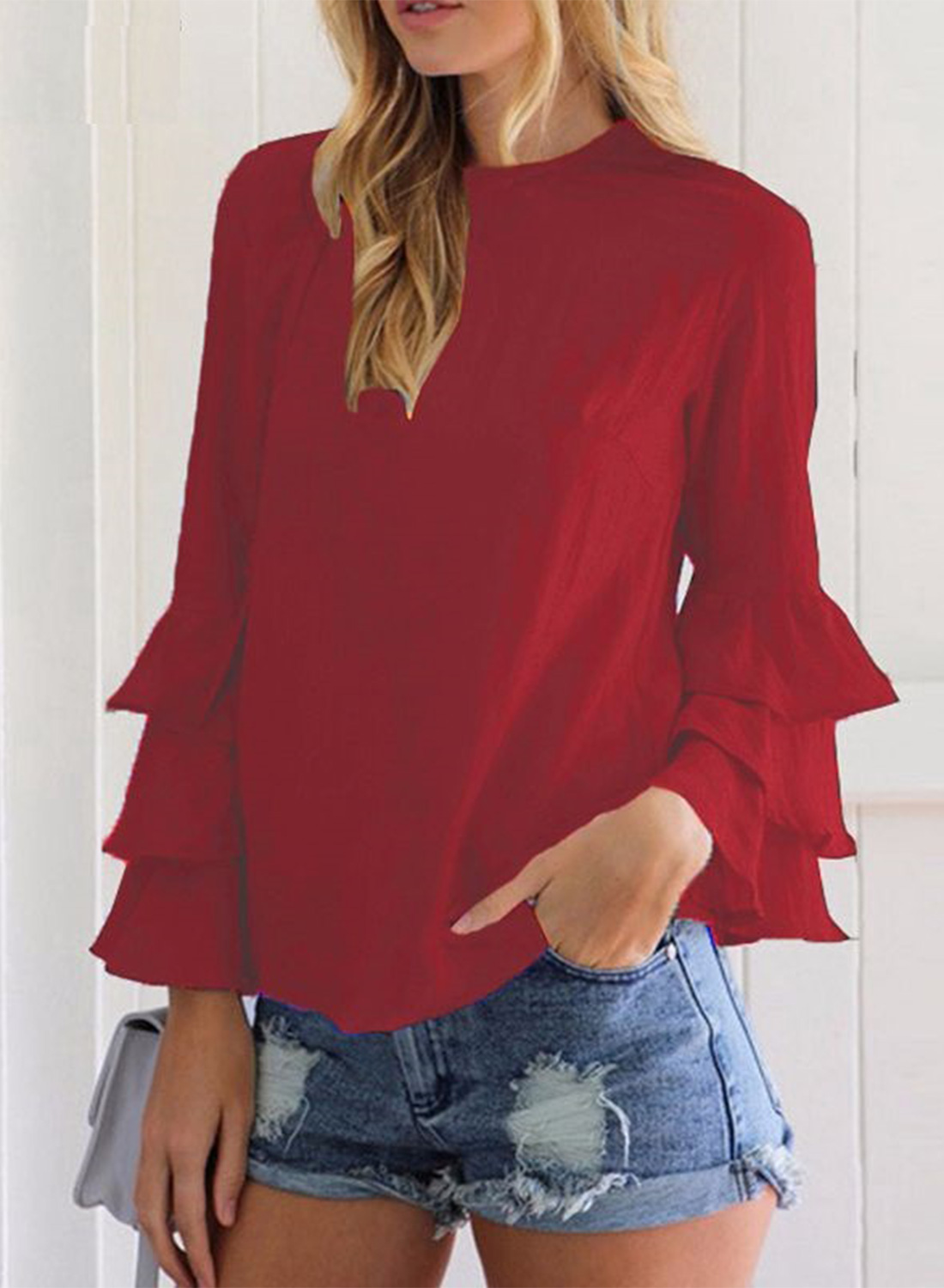 Women's Fashion Solid Long Ruffle Sleeve Pullover Blouse
