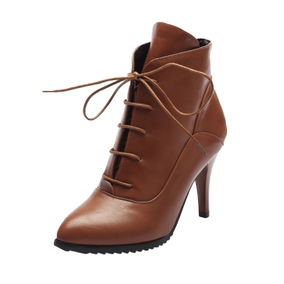 Women's Solid Stiletto Heels Pointed Toe Lace up Boots STYLESIMO.com